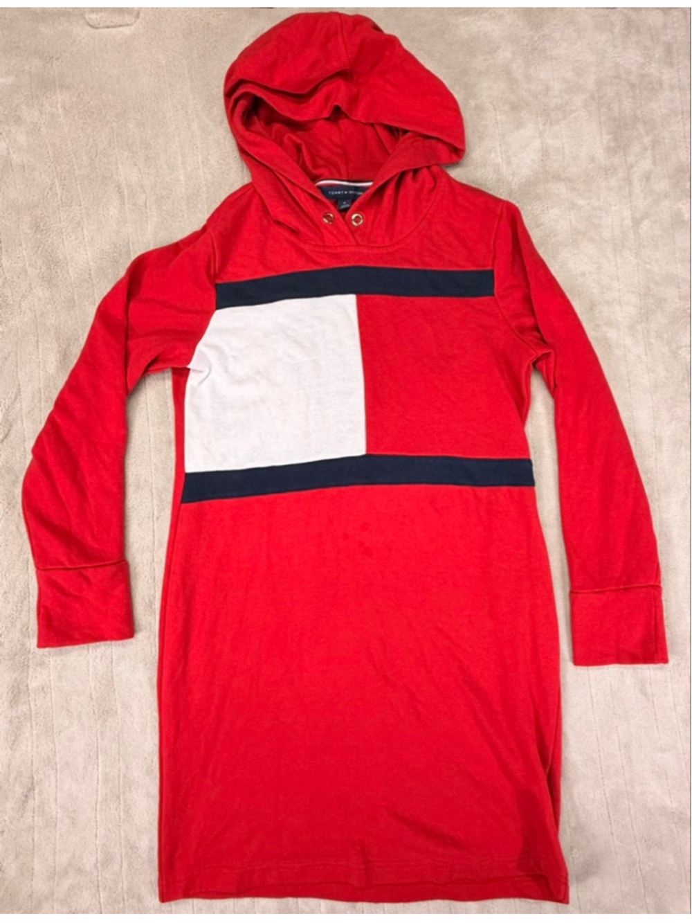 Women's Tommy Hilfiger Long Sleeve Hoodie Dress Medium Red Navy Blue